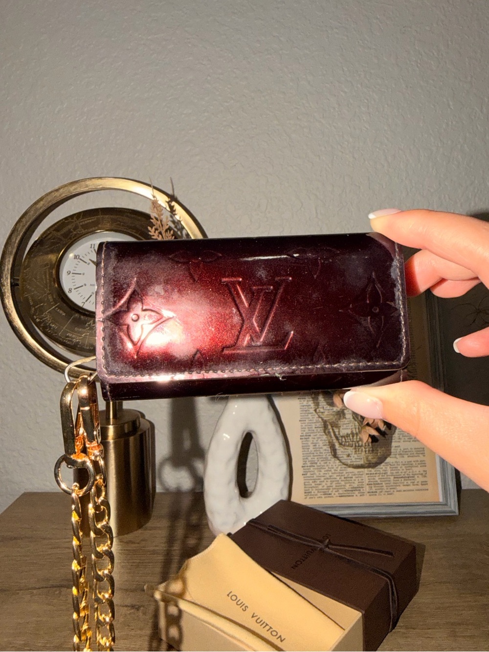 Louis Vuitton Burgundy Vernis Monogram Key Pouch with Gold Chain